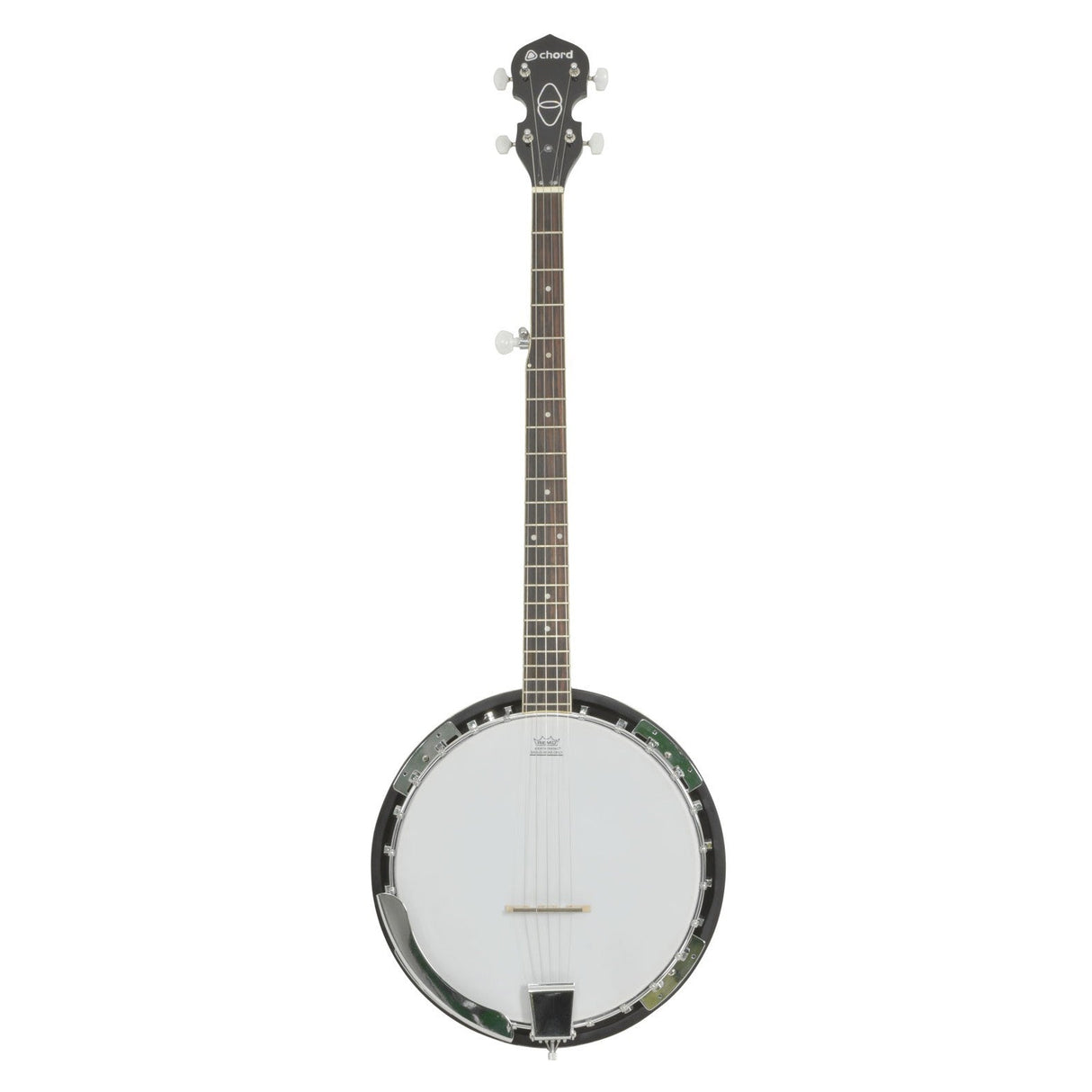 A full-length image of the Chord 5 String G Banjo showcasing its mahogany body, dark neck, and headstock. The circular body is equipped with a white drumhead and metallic rim, making it ideal for bluegrass melodies. This elegant instrument features five strings and tuning pegs at the top.