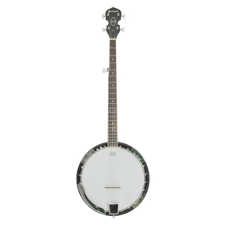A full-length image of the Chord 5 String G Banjo showcasing its mahogany body, dark neck, and headstock. The circular body is equipped with a white drumhead and metallic rim, making it ideal for bluegrass melodies. This elegant instrument features five strings and tuning pegs at the top.