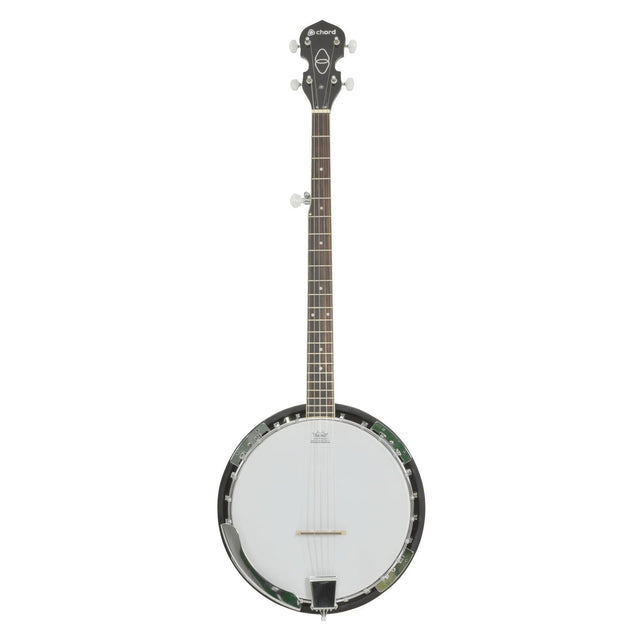 A full-length image of the Chord 5 String G Banjo showcasing its mahogany body, dark neck, and headstock. The circular body is equipped with a white drumhead and metallic rim, making it ideal for bluegrass melodies. This elegant instrument features five strings and tuning pegs at the top.