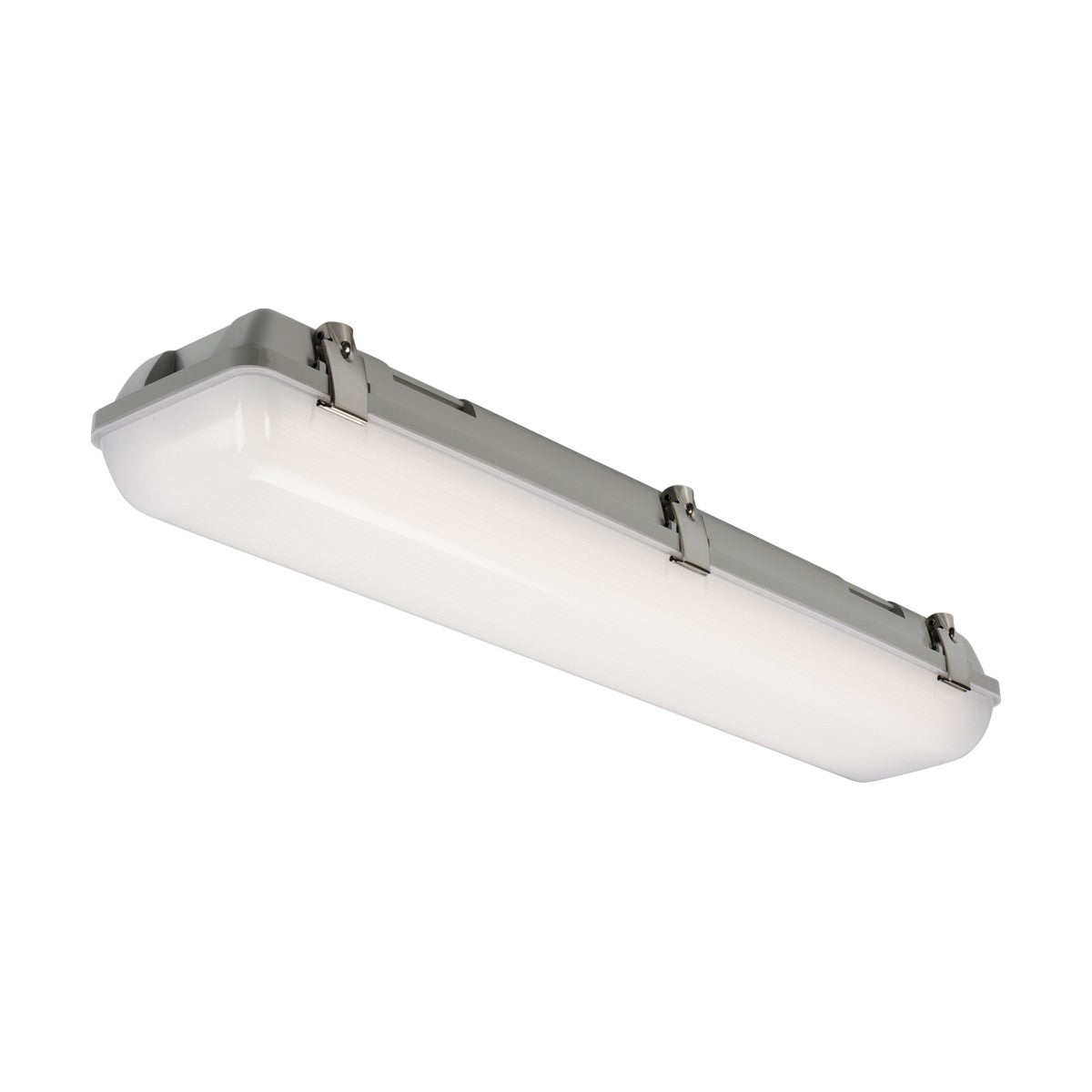 Introducing the Single 2ft 14W/26W IK08 CCT Emergency Non-Corrosive Batten IP65, a rectangular LED ceiling light with a gray frame and frosted diffuser. It includes two metal clips on each side for secure mounting, making it an energy-efficient lighting solution ideal for commercial use.