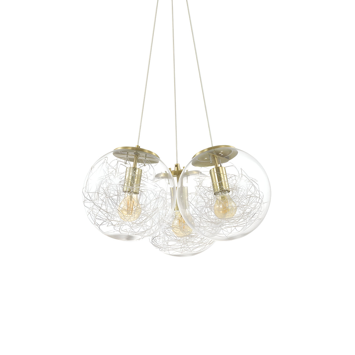The Lyria 3 Light Cluster Pendant - Brass showcases a contemporary design with three clear blown glass diffusers. Each globe is adorned with a decorative wire pattern encircling a vintage-style filament bulb, elegantly suspended from a central brass mount by three cables.