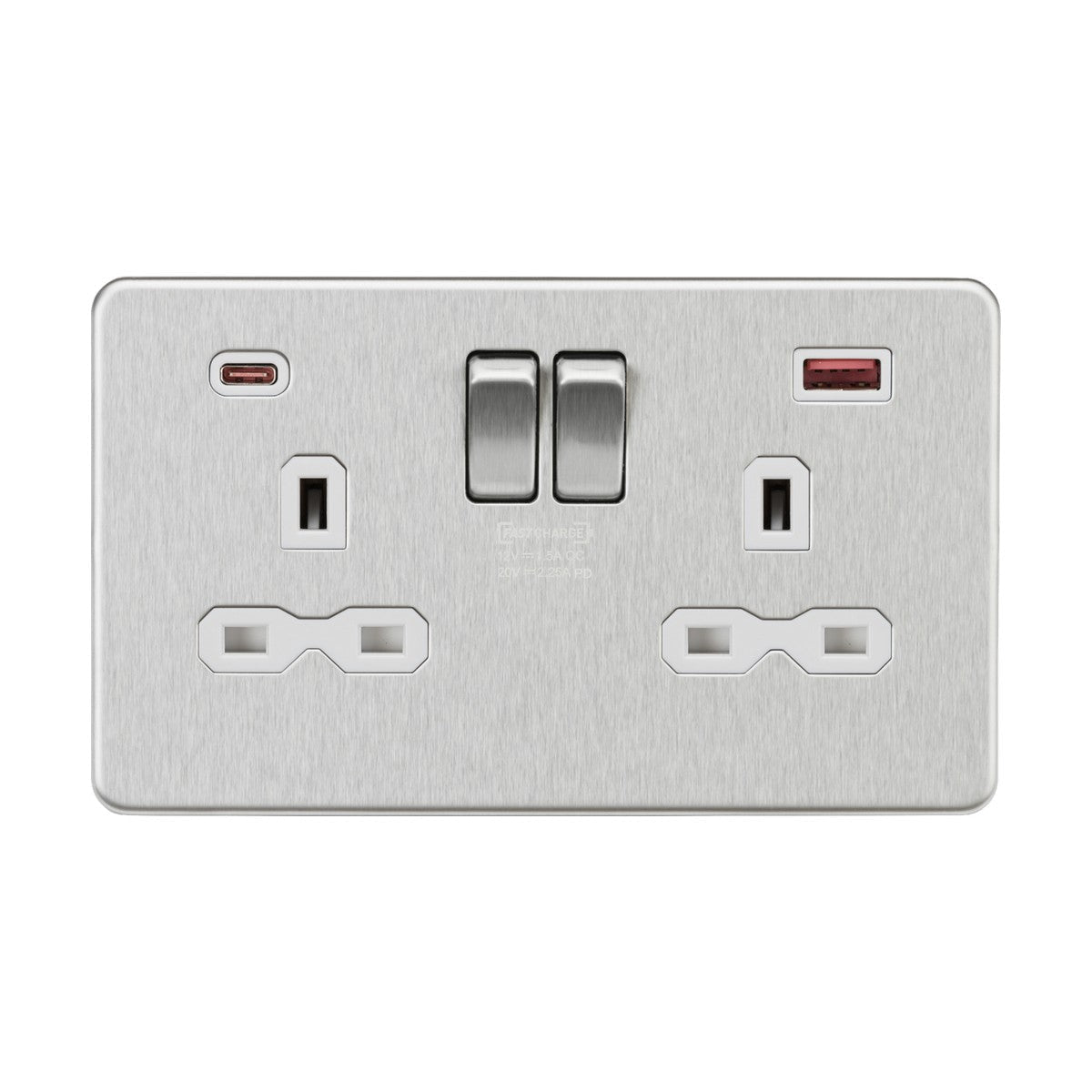 The 13A 2 Gang DP Switched Socket in brushed chrome with a white insert offers two three-pin plug inputs, dual USB ports for fast charging above each pin, and a sleek screwless design.