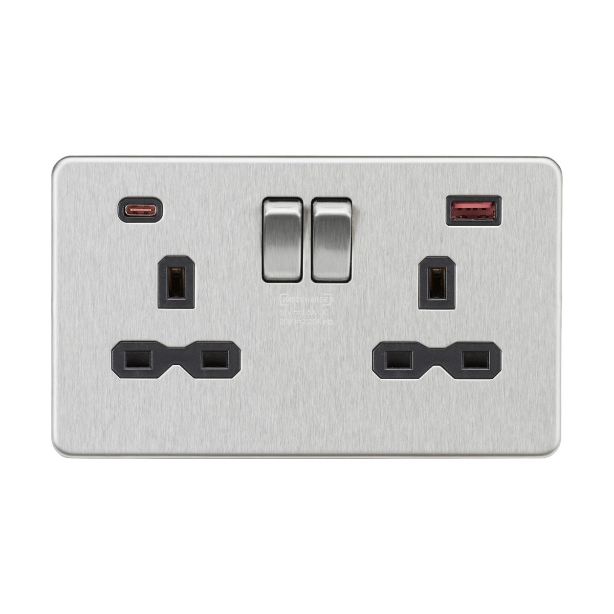 A brushed chrome double electrical outlet with black inserts, featuring two standard UK plug sockets and dual USB ports (Type A and Type C) at the top. It comes in a screwless design and includes advanced FASTCHARGE technology for adaptive charging.