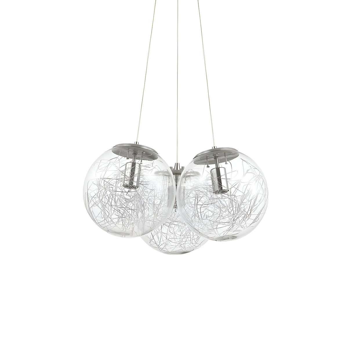 The Lyria 3 Light Cluster Pendant in Silver features three clear blown glass diffusers, each adorned with intricate metal wire designs. Suspended by three cords from a central mount, this fixture exudes modern minimalist and artistic charm.