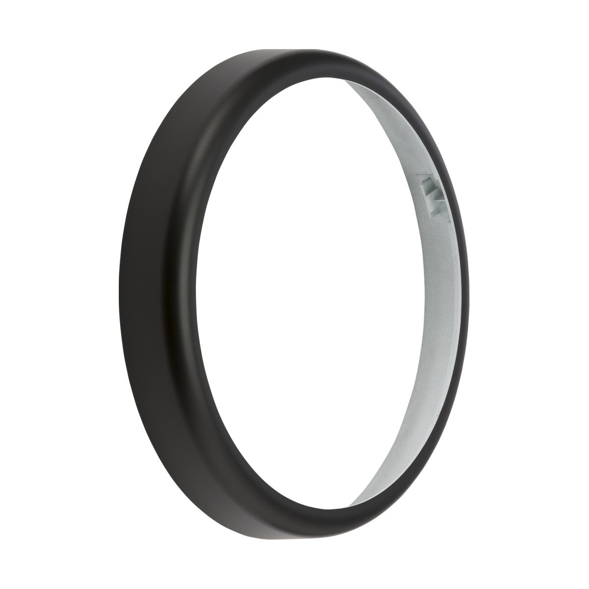 A stylish black circular frame with a smooth finish, viewed at an angle, describes the Bezel Accessory For BT14 - Black. This lightweight accessory boasts a minimalist design with an empty interior that reveals a light gray background.