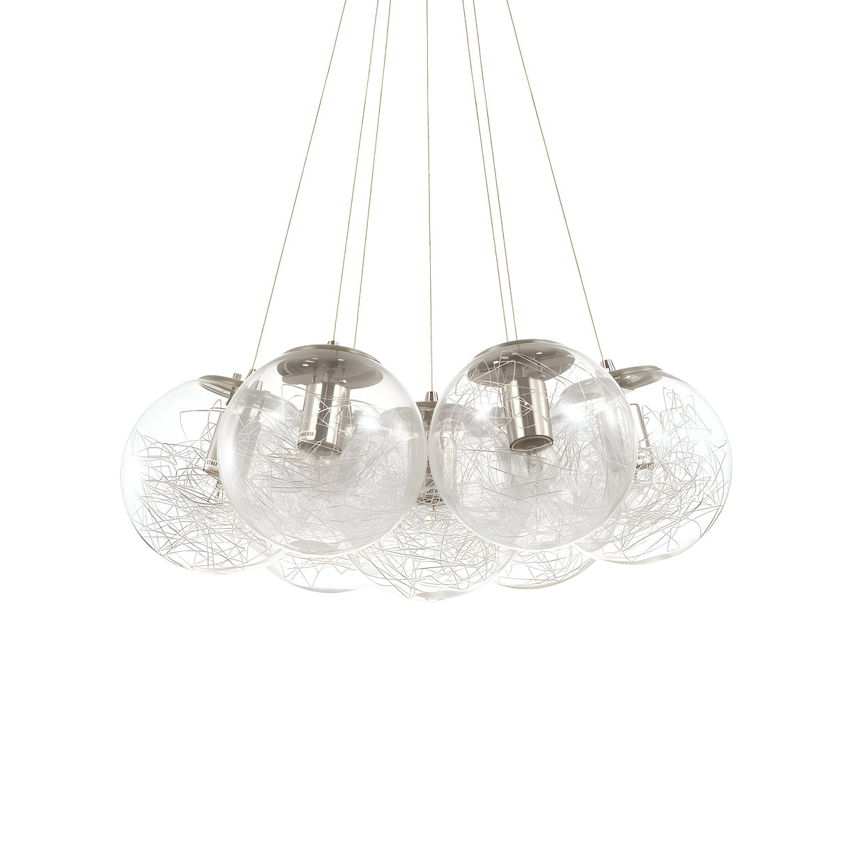 The Lyria 7 Light Cluster Pendant - Nickel is a contemporary interior lighting fixture that showcases multiple clear glass globes suspended by delicate wires. Featuring intricate wire-like structures inside, it exudes a modern and artistic charm. Its sleek nickel finish further enhances the stunning spherical cluster design of this pendant light.