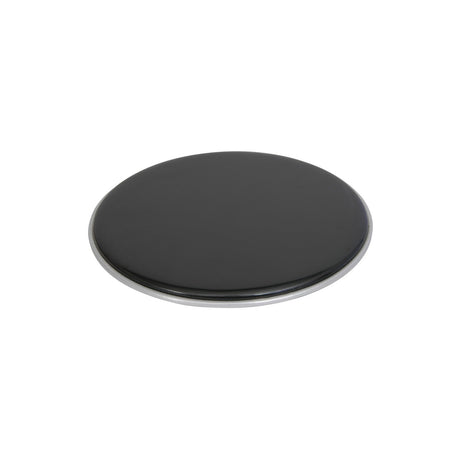 The Chord Drum Head - Black - 8 Inch is a round object with a smooth, glossy surface and a metallic edge, similar to those used for drum heads. It appears to function as a lid or coaster, positioned on a plain white background.