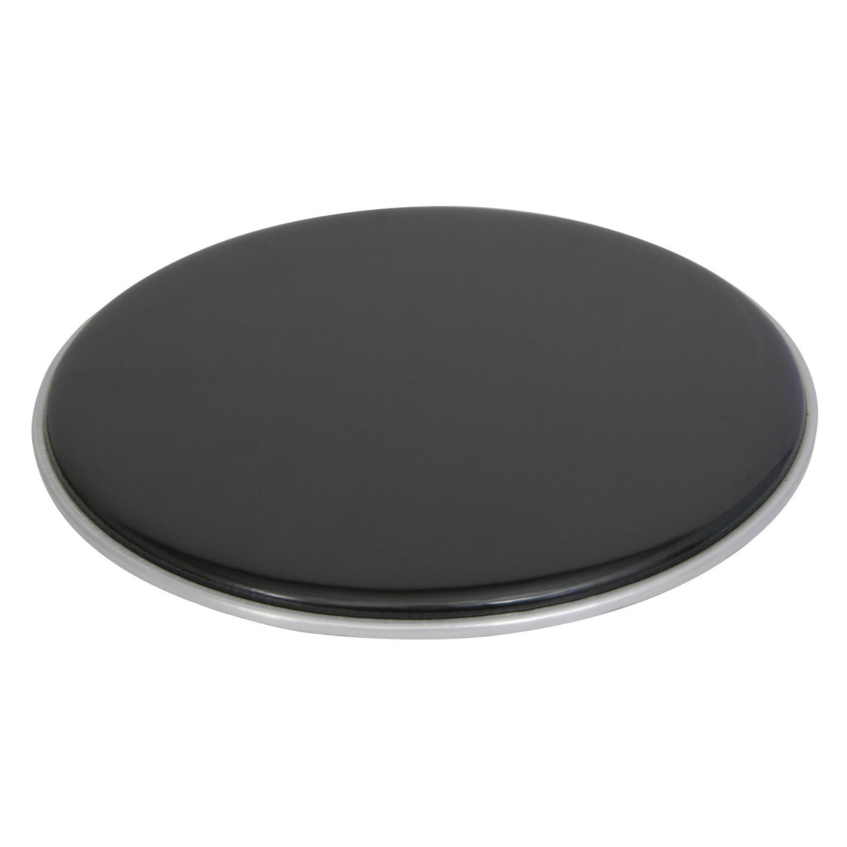 The Chord Drum Head - Black - 10 Inch, featuring a shiny, smooth surface and a thin silver edge, sits on a white background.
