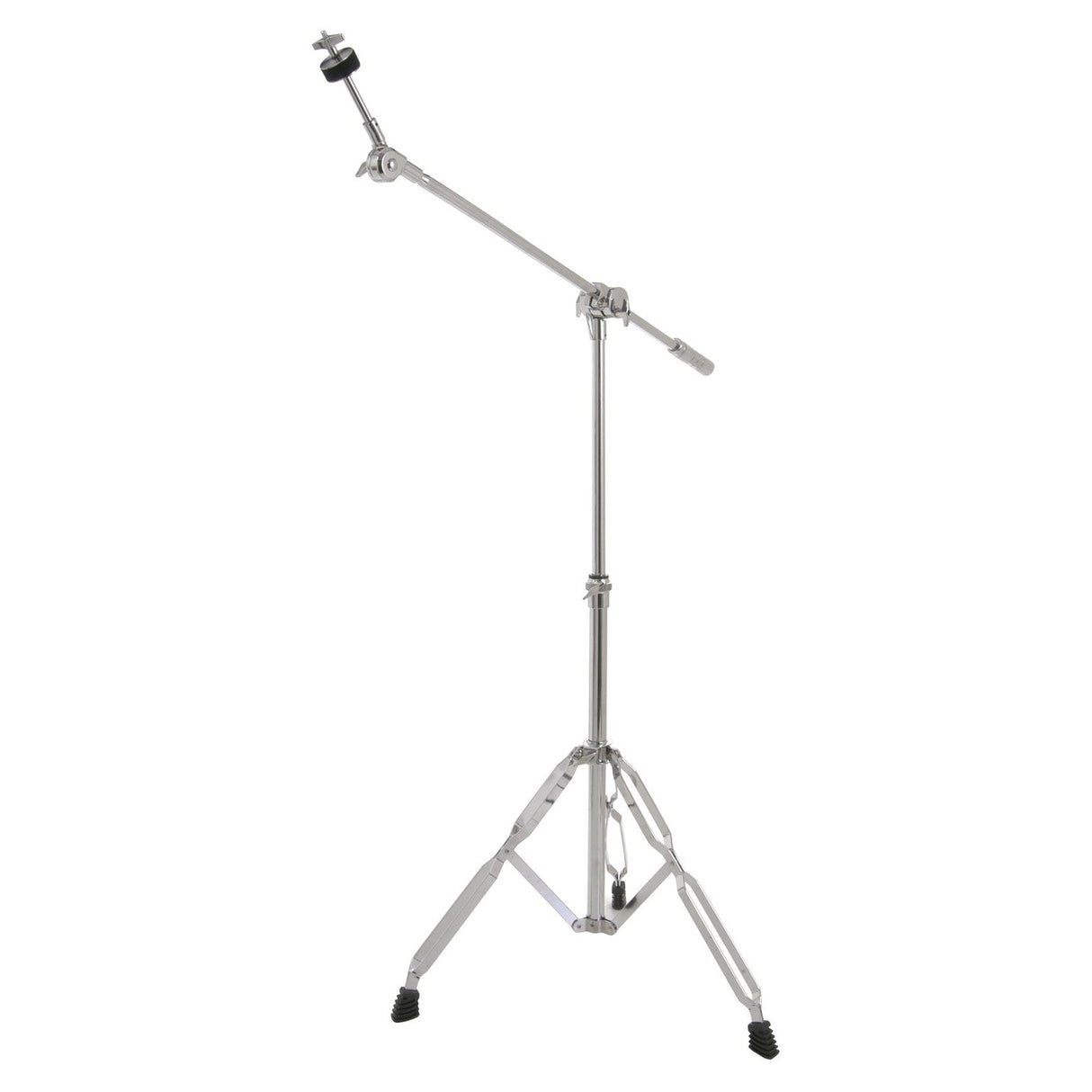 The Chord Boom Cymbal Stand is a metal stand with telescopic height adjustment and double-braced tripod legs, featuring tension knobs and rubber-tipped feet for stability. Its sleek, silver design is ideal for use with a drum set.