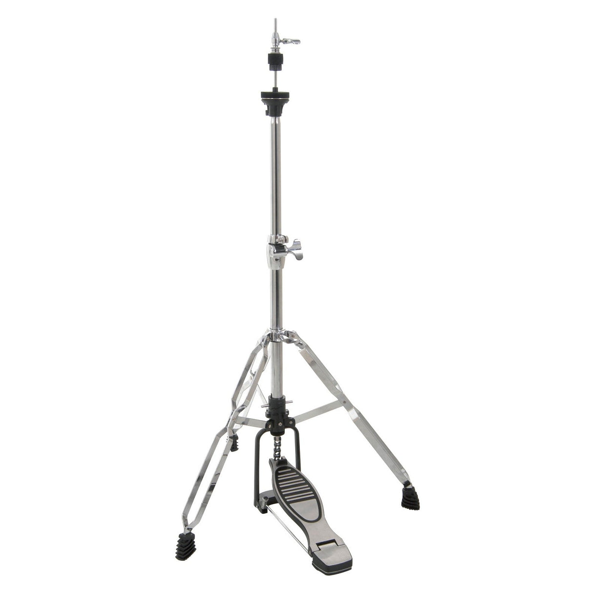 Introducing the Chord Heavy Duty Hi-Hat Stand: a silver stand featuring a chain drive mechanism, adjustable height, and a double-braced tripod for enhanced stability. Its sleek design includes three black rubber-tipped legs, ideal for supporting and playing hi-hat cymbals in your drum set.