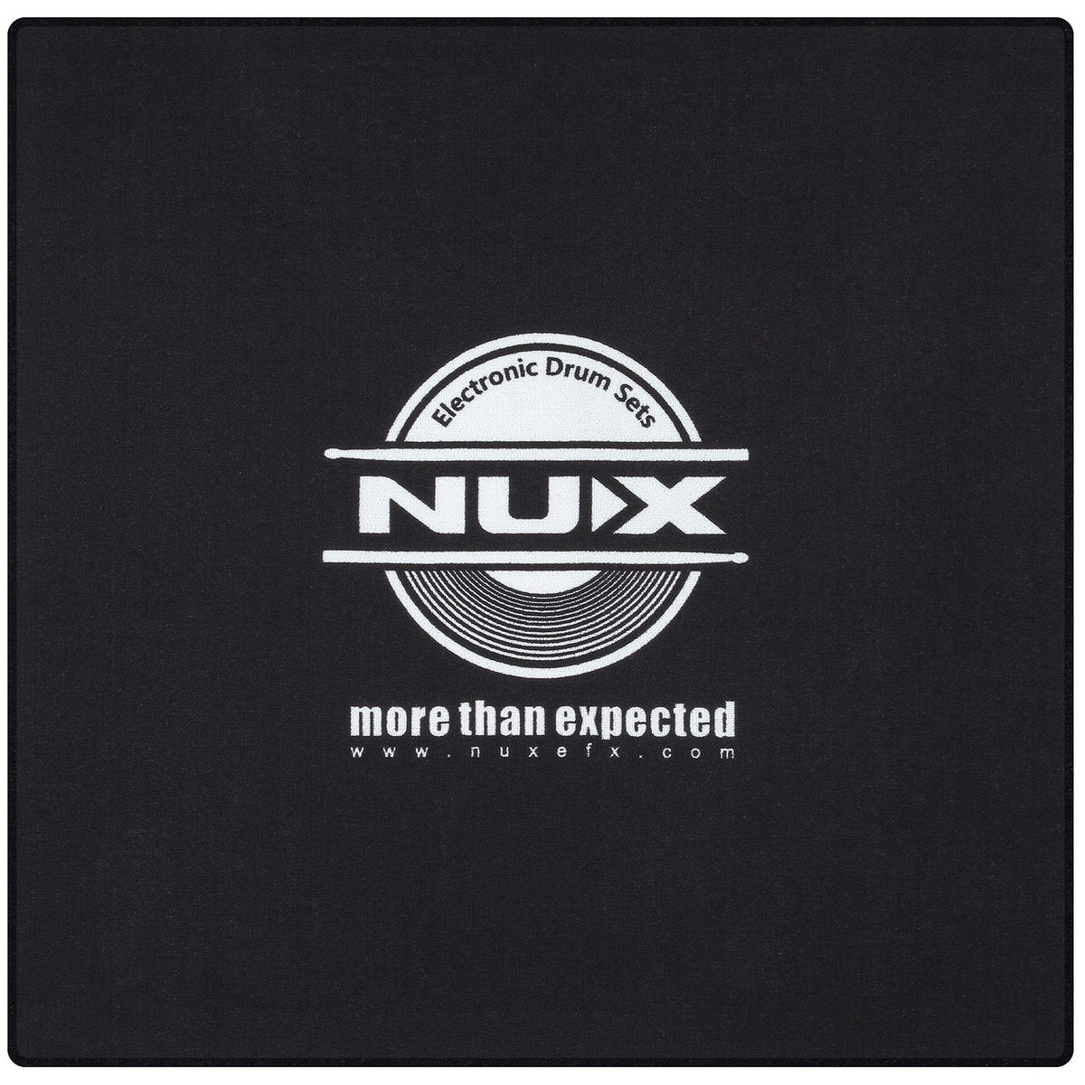 Square black NU-X Heavy Duty Drum Rug with central white NUX logo, "Electronic Drum Sets" text, and "more than expected" tagline.