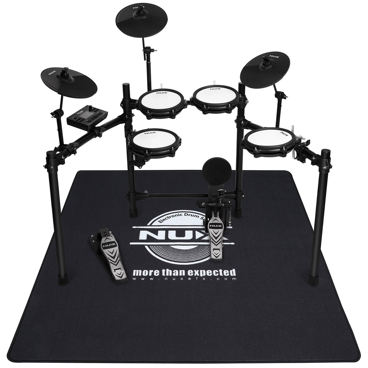 NU-X Heavy Duty Drum Rug in black with white logo, shown under a five-piece electronic drum kit with cymbals, pedals and module.