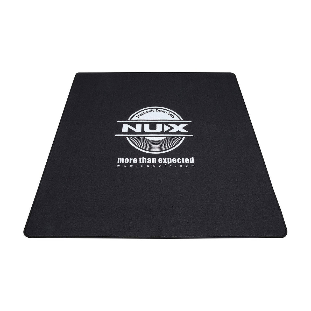 NU-X Heavy Duty Drum Rug in black with white logo and "more than expected" text, square mat shown flat on a plain white background.