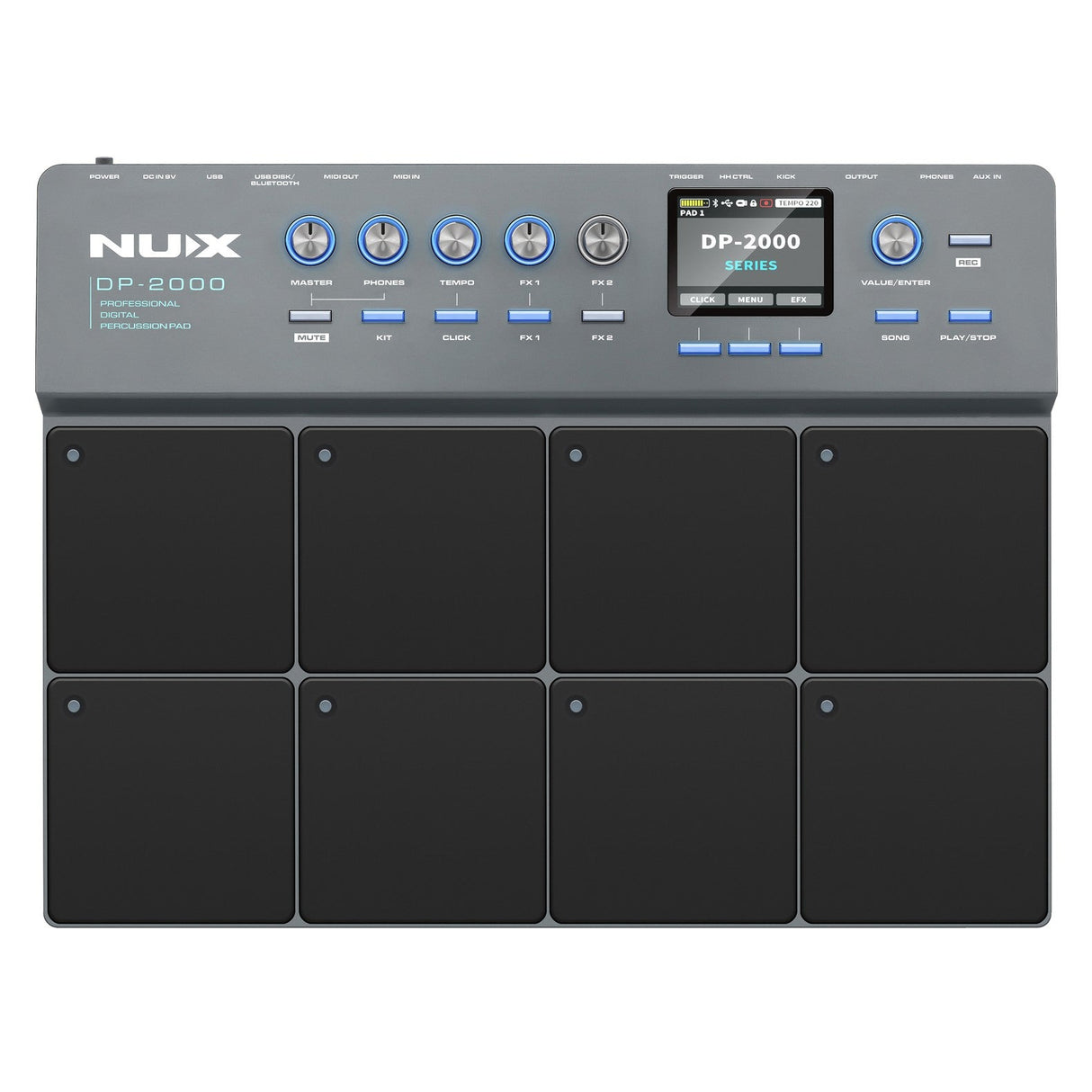 The NU-X DP-2000 Digital Percussion Pad is equipped with nine trigger pads, a display screen, and multiple control knobs to adjust parameters such as master volume, tempo, and built-in DSP effects. This makes it an ideal MIDI controller for versatile performance needs.