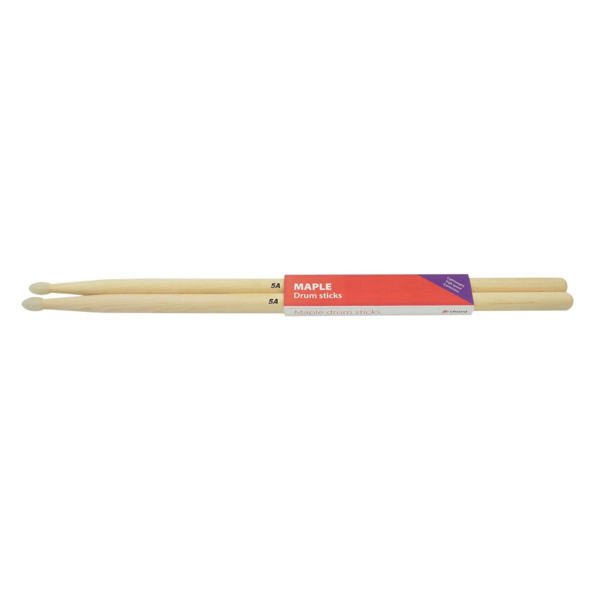 The Chord Maple Sticks 5AN - Pair showcases a vibrant red and purple label, prominently marking them as the 5A model. Made from light-colored wood with rounded nylon tips, the label features "MAPLE Drum sticks" along with the ProMark branding.