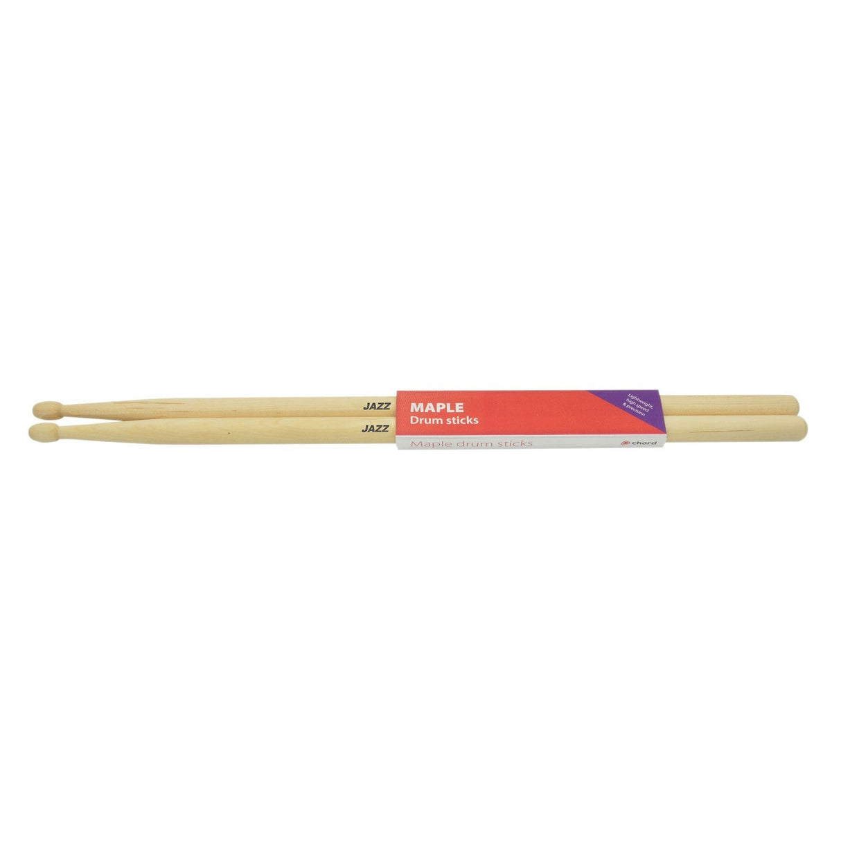 The Chord Maple Sticks JAZZ pair features two lightweight wooden drumsticks with rounded tips, elegantly wrapped in a purple and red paper band.