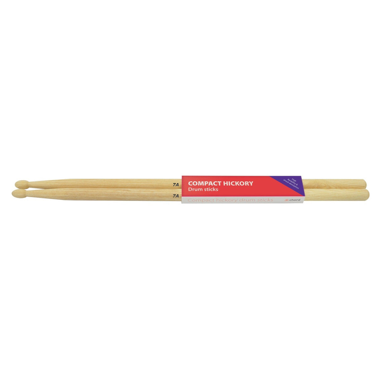 A pair of hickory drumsticks, known as Chord Compact Hickory Sticks 7AW, is showcased with a red, white, and blue packaging band at their center. The wooden tips are displayed as the drumsticks lie side by side horizontally against a crisp white background.