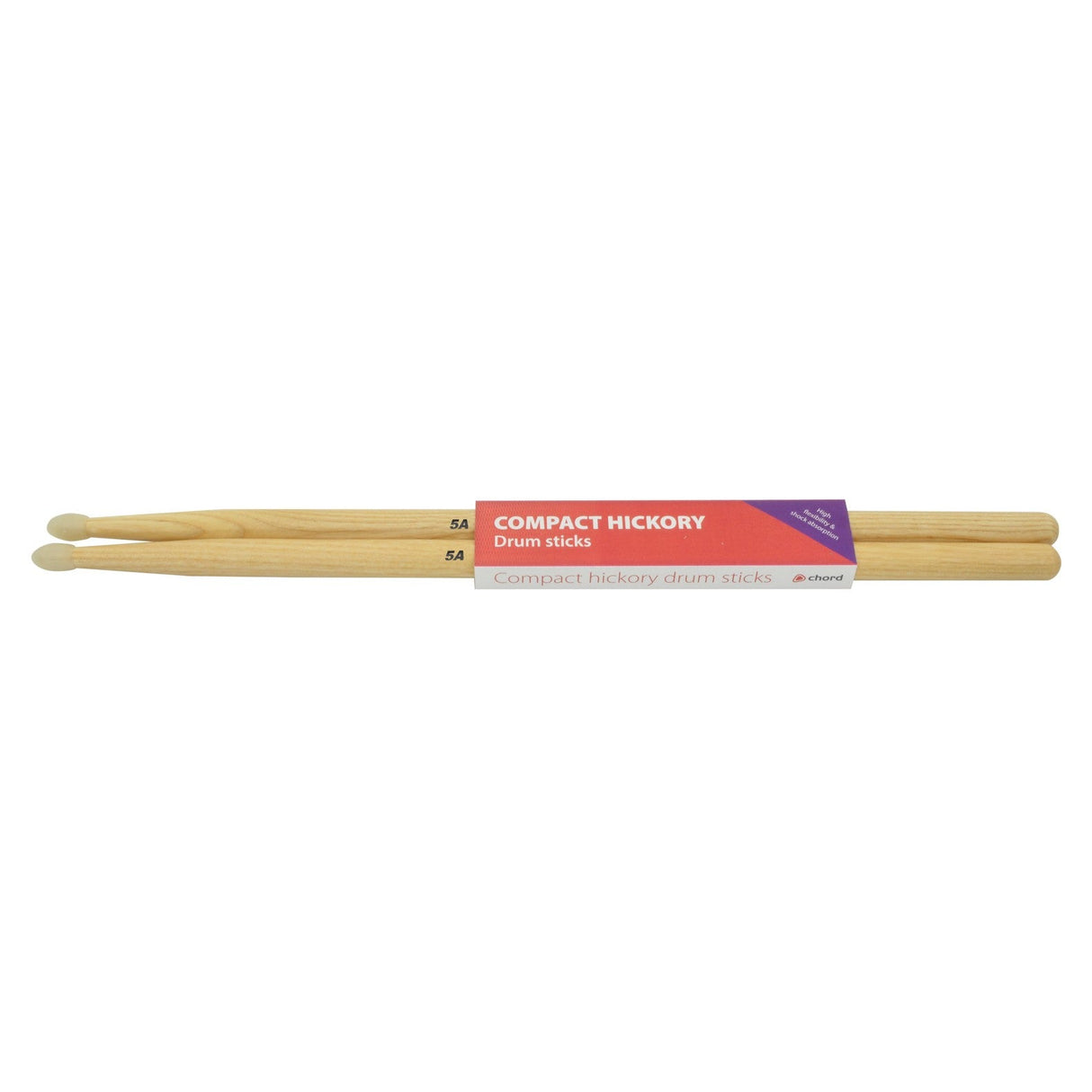 The Chord Compact Hickory Sticks 5AN - Pair feature a compact design with a purple and red label, marked as 5A. These drumsticks showcase a natural wood finish and are equipped with nylon tips for enhanced durability and precision in every performance.