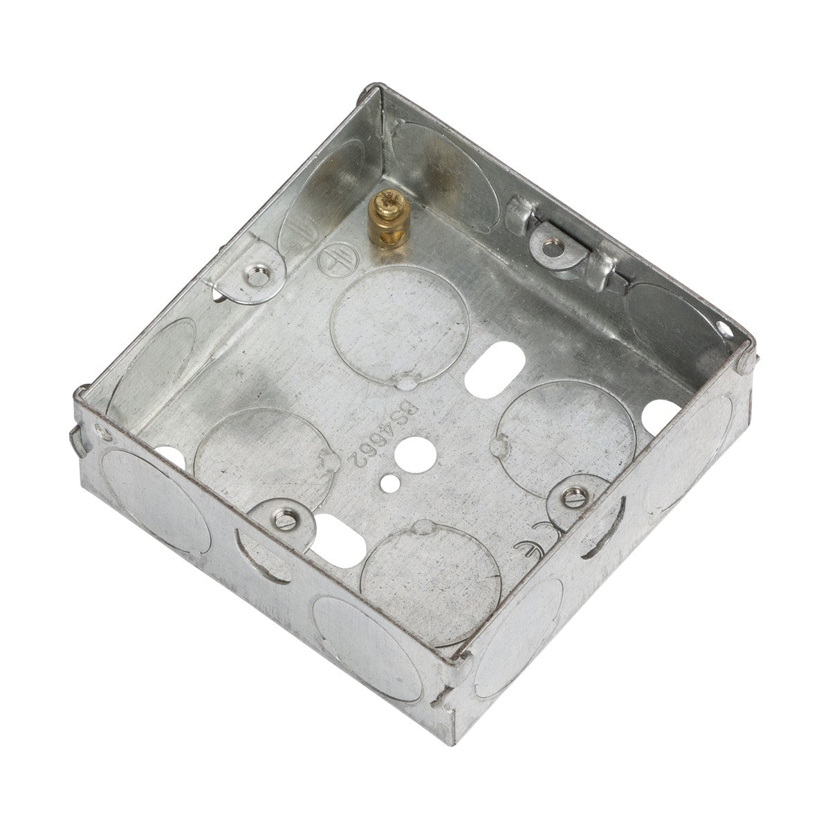 The 1 Gang 25mm Galvanised Steel Box is a square junction box made from galvanized steel, equipped with multiple circular knockout holes on its sides and base. It features a smooth, silver finish with an integrated earth terminal and is designed for in-wall installation to safely comply with EN 60670 standards.
