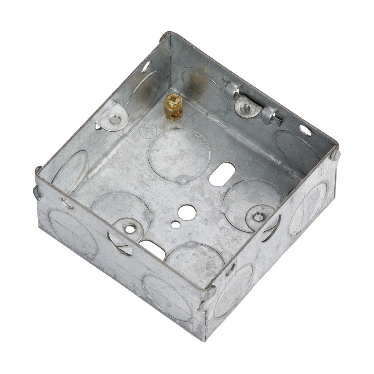 The 1 Gang 35mm Galvanised Steel Box is a square electrical junction box made from galvanized steel, featuring multiple 20mm knockouts for wiring entry. It has a metallic finish and comes with a single brass grounding screw and an earth terminal inside.