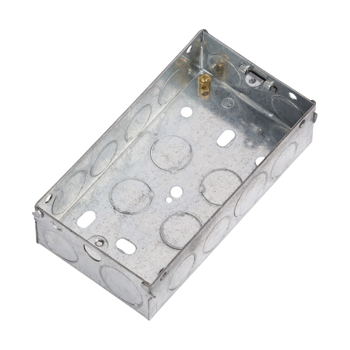 The 2 Gang 35mm Galvanised Steel Box is constructed from galvanized steel and features circular knockouts on the sides and bottom, along with a small brass grounding screw inside. It also comes equipped with a mounting lug for easy installation.