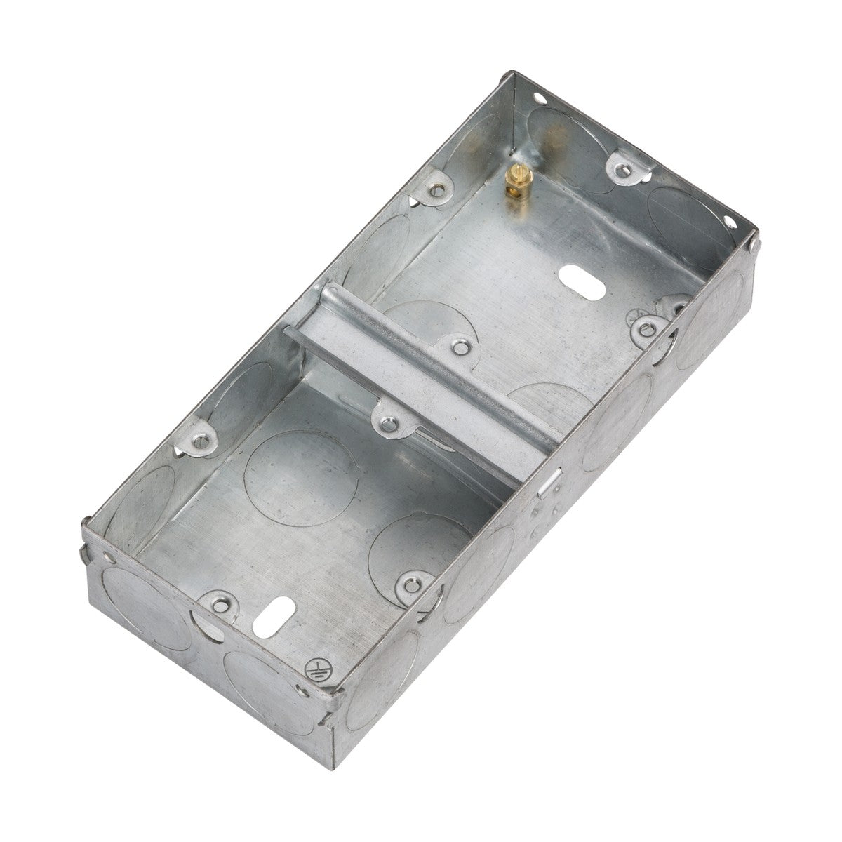 Introducing the 2 Gang 35mm Dual Galvanised Steel Box: a rectangular metal electrical enclosure equipped with circular knockout holes on the sides and crafted from robust galvanized steel. This box includes a middle divider, a grounding screw, and offers flexible installation options either horizontally or vertically. Ideal for accommodating electrical connections or fixtures.