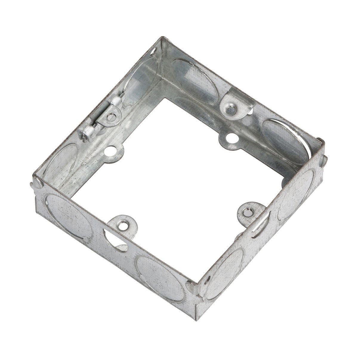 The 1 Gang 25mm Galvanised Steel Extension Box is viewed from above, showcasing its flush wall box design with multiple knockouts for wiring installation. It features a square shape with rounded corners, several mounting holes on the sides, and includes adjustable lugs for easy mounting.