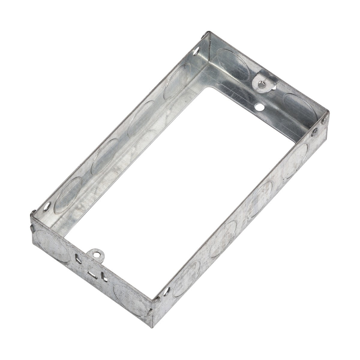 This is a 2 Gang 25mm Galvanised Steel Extension Box featuring a rectangular, open frame. It comes in a silver finish with circular indentations along the sides and multiple holes for screws, ensuring compatibility with flush wall boxes for precise and seamless integration. The background is white.