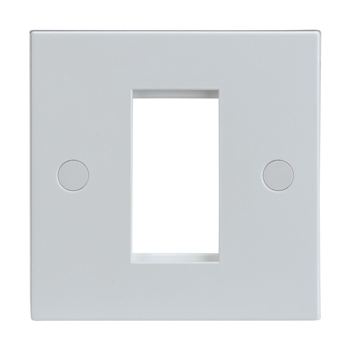 Introducing the 1 Gang Modular Faceplate in white, ideal for custom installations. It includes two centrally located circular screw holes on each side and a rectangular cutout tailored for a euro module, enabling seamless integration with TV, DATA, HDMI, USB, and TEL connections.
