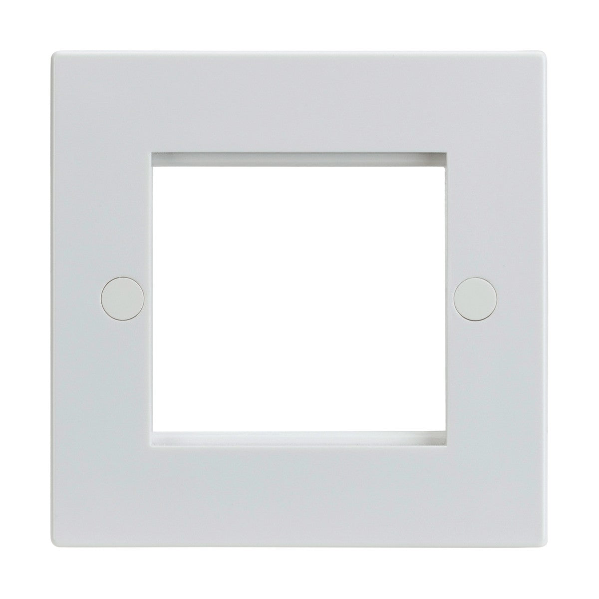 The 2 Gang Modular Faceplate - White (Square Edge) is a euro-module compatible, white plastic frame with a large central cutout and two circular indents for electrical installations, emphasizing symmetry and minimalistic clean lines.