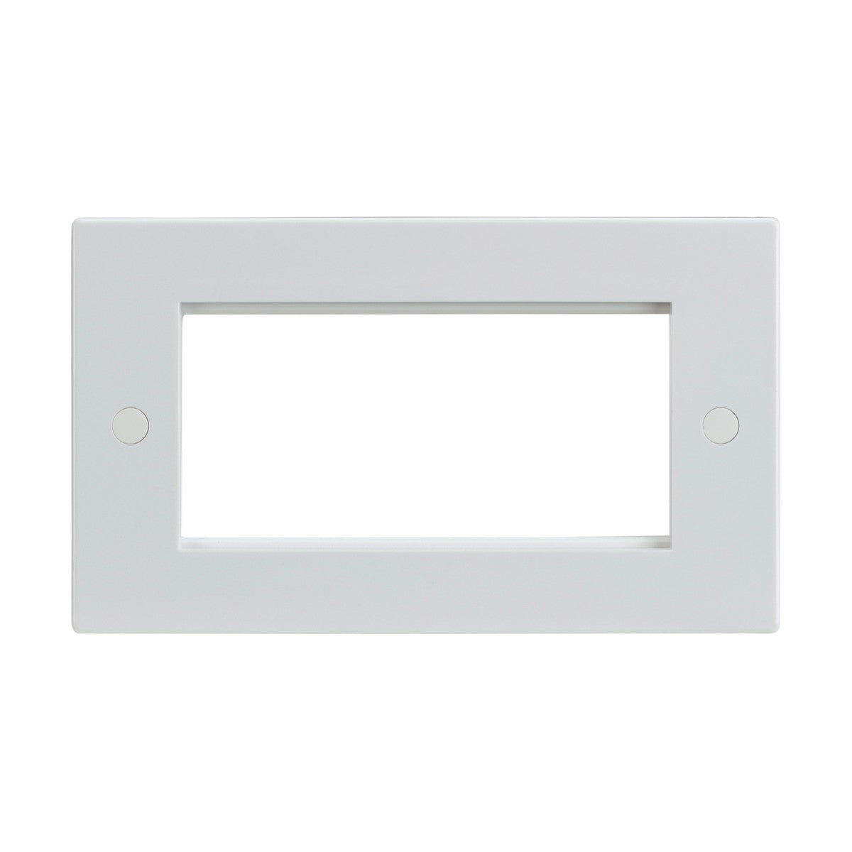 The 4 Gang Modular Faceplate - White features a large central opening that is perfect for euro module setups, designed to cover and frame specific fixtures or outlets. It boasts a smooth finish and includes two visible screws for mounting, making it ideal for bespoke installations.