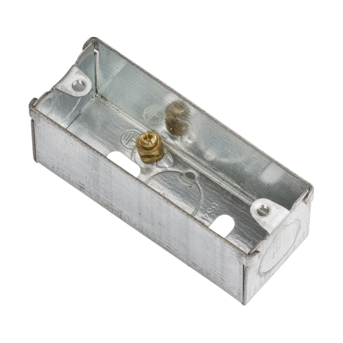 The 1 Gang 27mm Architrave Galvanised Steel Box is a rectangular metallic electrical junction box crafted from galvanized steel. It has open sides and multiple holes for mounting, includes a single grounding screw on the inner bottom, meets EN 60670 standards, and offers a simple and functional design for electrical installations.