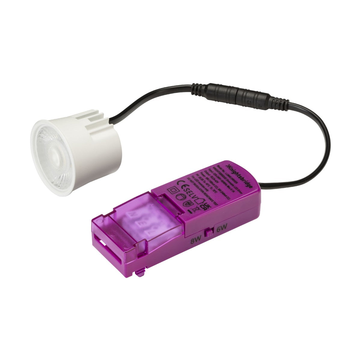 A white, dimmable LUMINA Retrofit LED Module 6/8W with an adjustable color temperature is connected to a purple driver via a black wire. The driver features printed text and symbols displaying technical specifications and certifications to meet diverse lighting requirements.