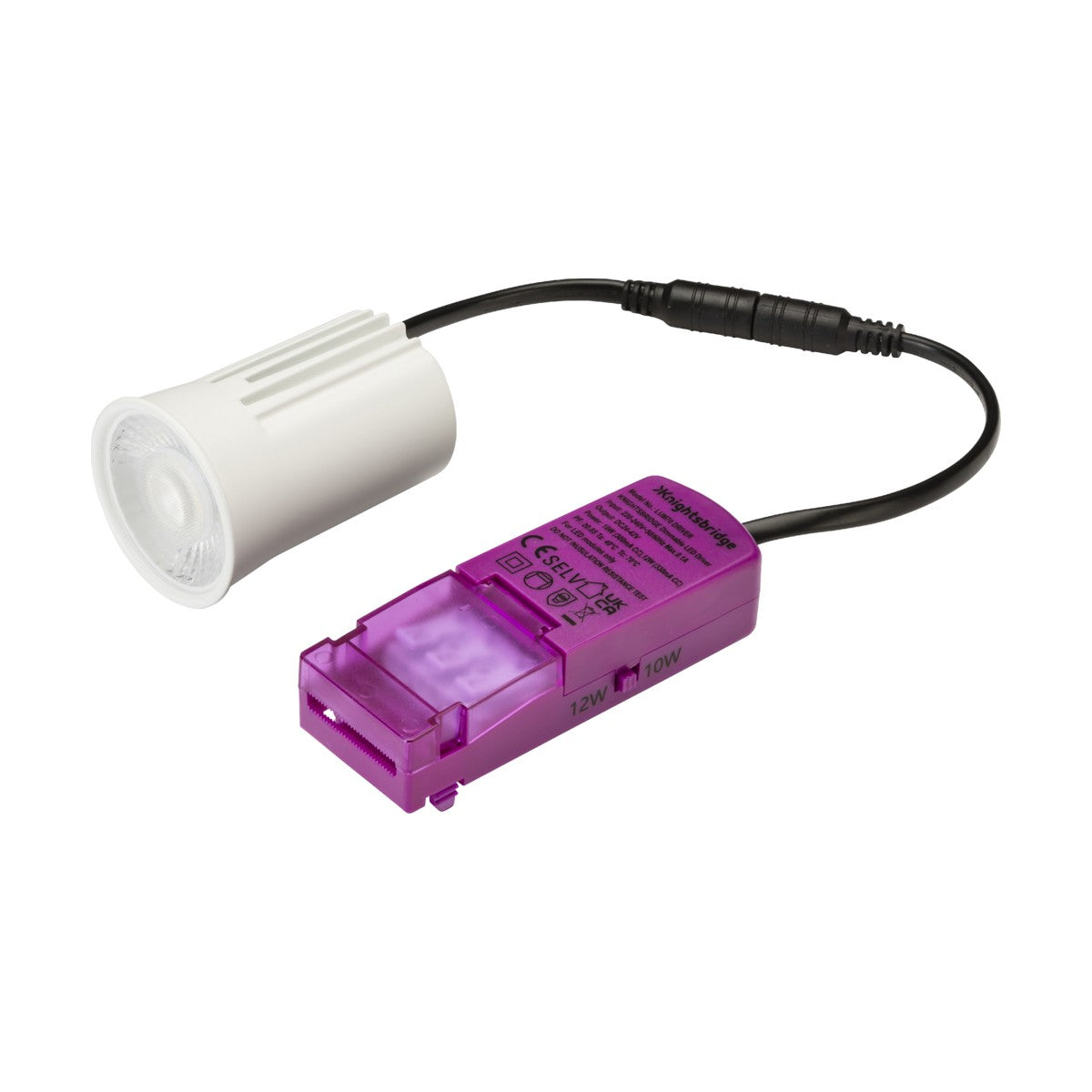 A purple electrical adapter connects to a small white LED light fixture by a black cable. This cylindrical and textured dimmable fixture, part of the LUMINA Retrofit LED Module 10/12W With 3 X CCT range, includes an adapter labeled with specifications and symbols.