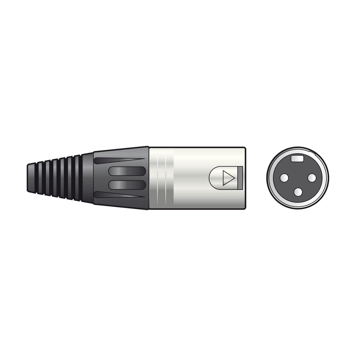 QTX DMX Terminator 120 Ohms 3-pin XLR plug in black and silver with side and pin-end views on a white background.