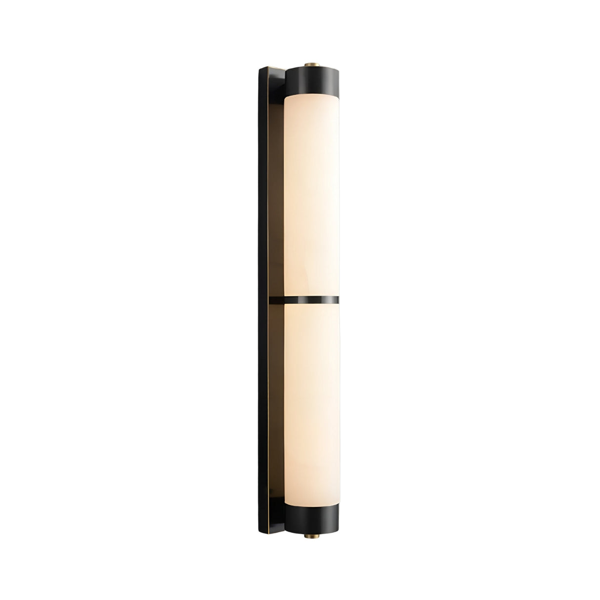 The Arelis LED Linear Alabaster Wall Light in Soft White & Black features two cylindrical alabaster shades on a slim black backplate, offering minimalist, modern elegance and stylish illumination for contemporary spaces.