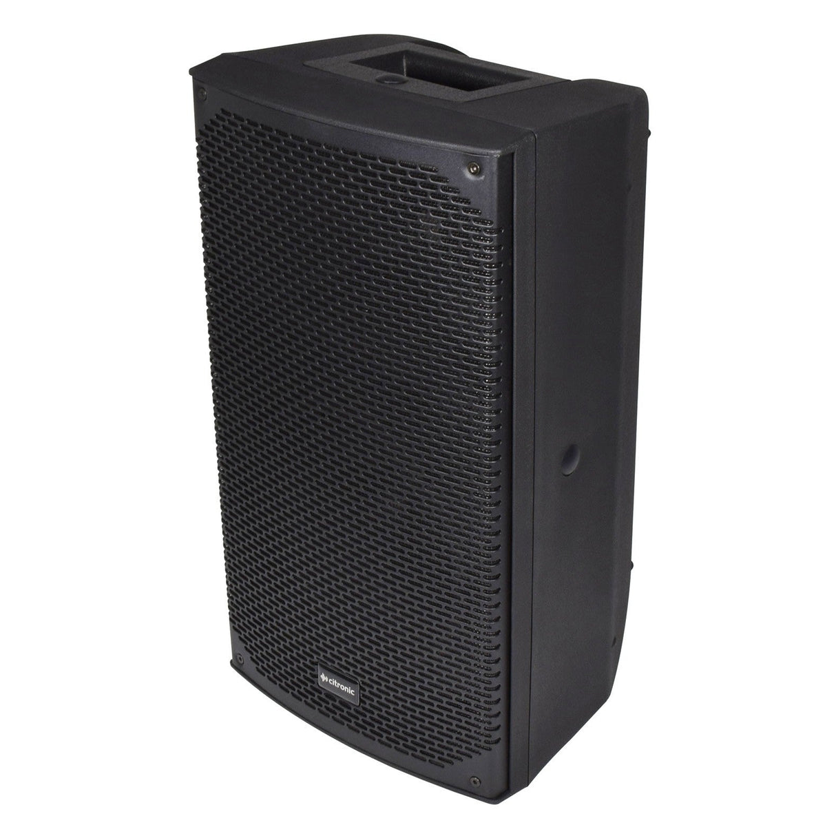 Introducing the Citronic CAB-8 8" Passive Speaker Cabinet - 150W, featuring a black finish and a mesh grille on the front. This speaker cabinet comes with a convenient handle for easy carrying. Its lightweight and compact rectangular design make it an ideal choice for various audio setups.