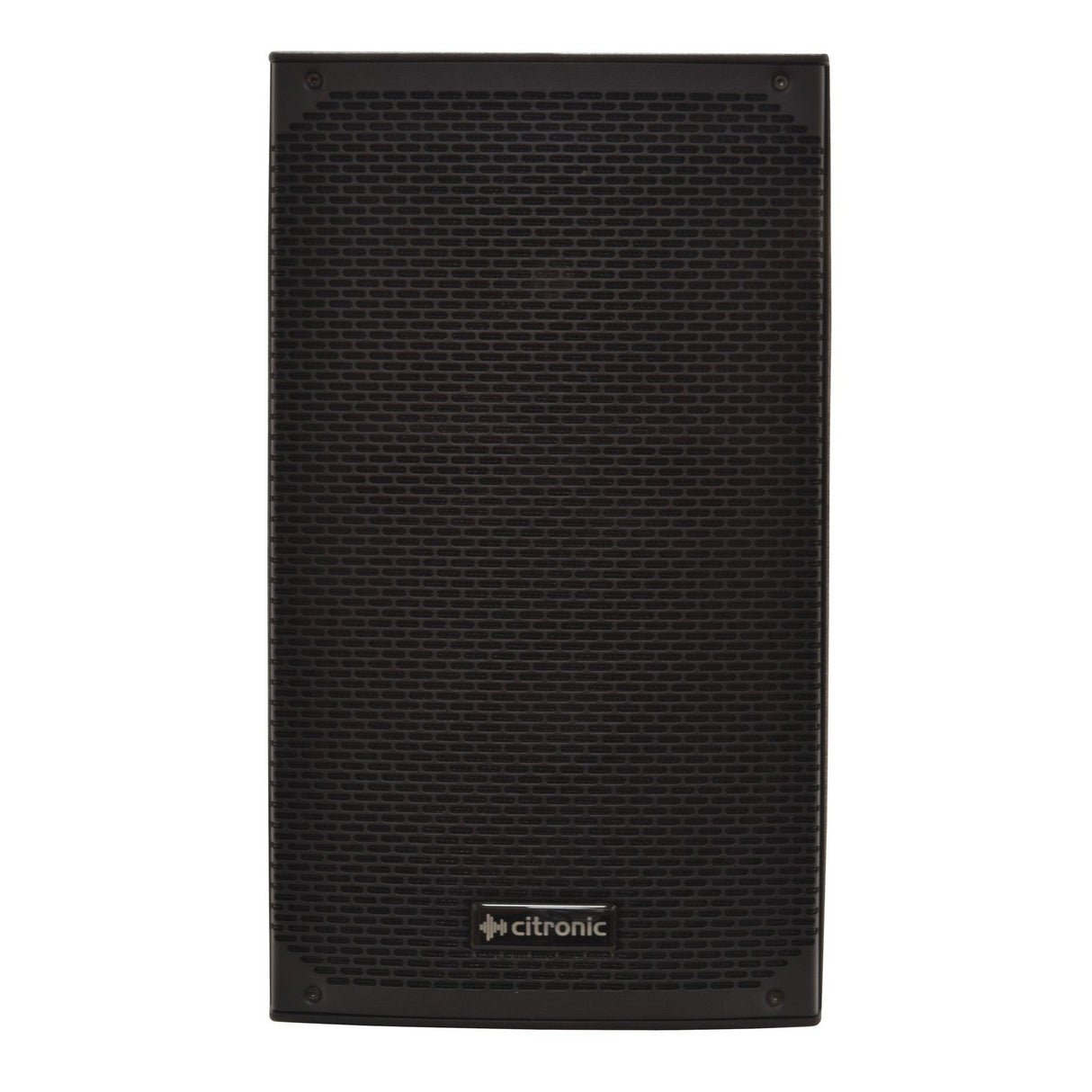 The Citronic CAB-10L 10" Bluetooth Link Speaker Cabinet - 220W features a sleek black design, highlighted by its rectangular mesh grille with the Citronic logo at the bottom center. It offers Bluetooth wireless connectivity for effortless audio streaming.