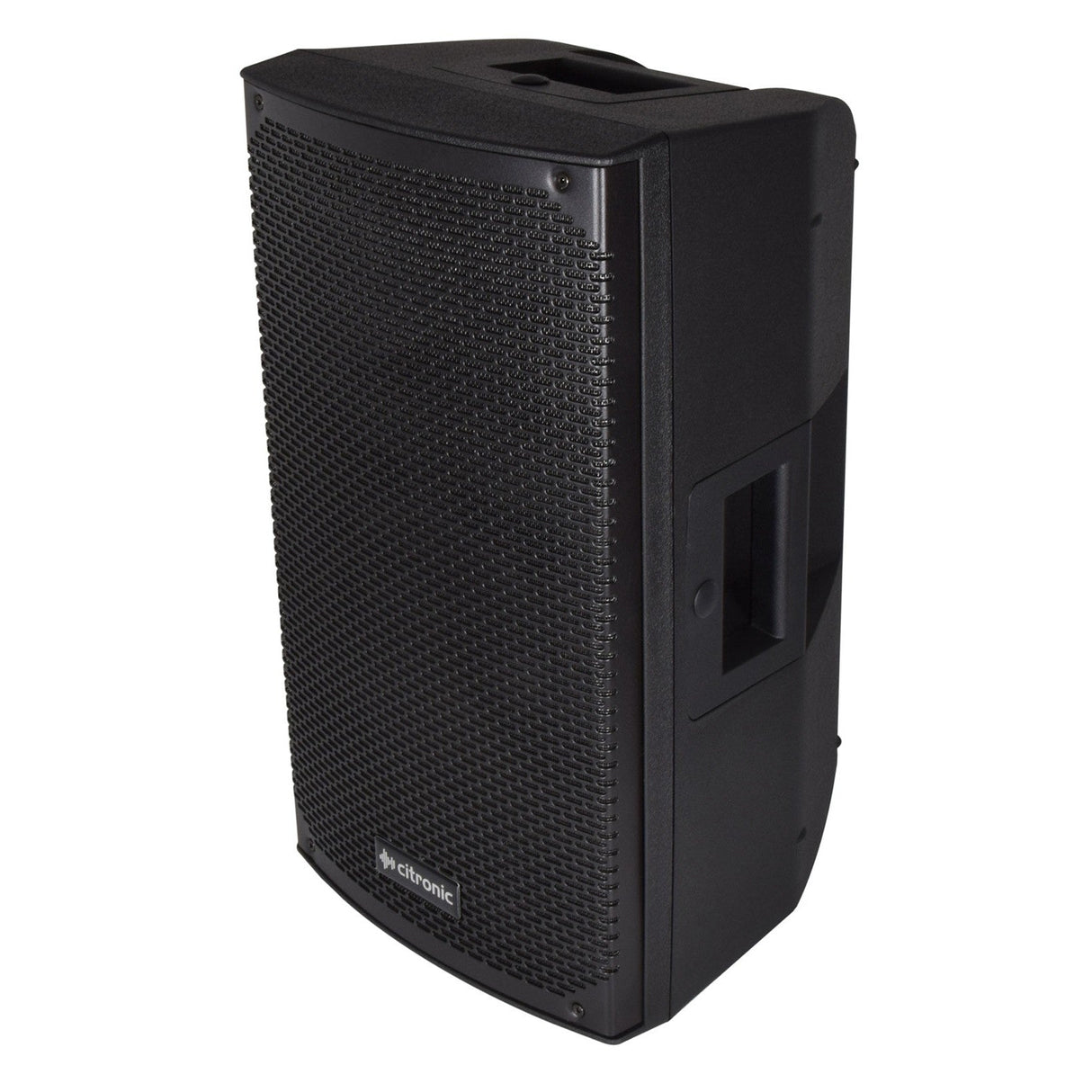 A black Citronic CAB-10 10" Passive Speaker Cabinet, equipped with a mesh front and a top handle for easy portability, is designed for audio amplification. Its lightweight, boxy enclosure features the brand name Ethonic at the bottom of the grille and is enhanced by titanium compression drivers to deliver superior sound quality.