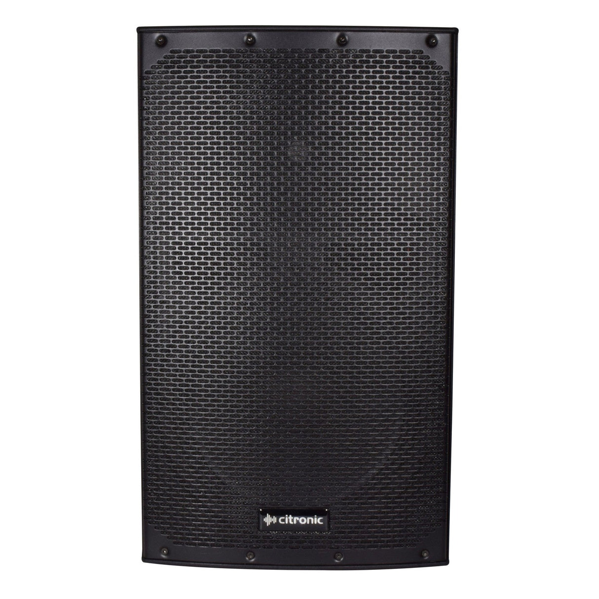 The Citronic CAB-12L 12" Bluetooth Link Speaker - 300W showcases a forward-facing hexagonal mesh grille and rounded corners. Equipped with a digital amplifier to enhance its sound quality, the speaker prominently features the brand logo at the bottom center of the grille, marrying style with exceptional audio performance.