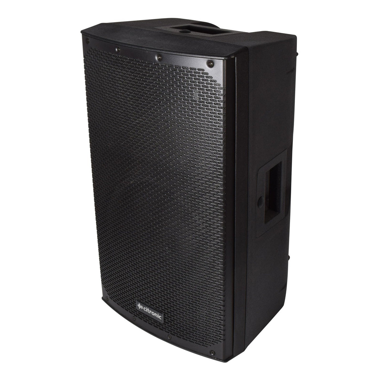The Citronic CAB-12 12" Passive Speaker Cabinet - 300W, featuring a black exterior with a mesh grille and a convenient handle on top, is designed for easy portability. Its compact cabinet stands upright, highlighting its rectangular shape and side panel with an inset handle for effortless carrying.