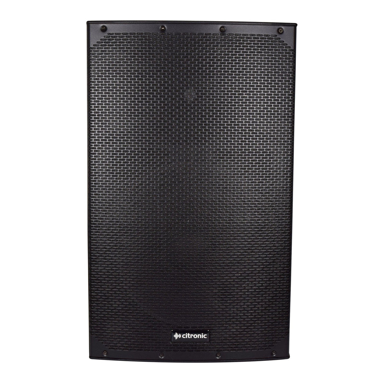 The Citronic CAB-15L 15" Bluetooth Link Speaker - 350W is displayed from the front, showcasing its black design with a mesh grille. This rectangular speaker includes a digital amplifier and prominently features the classic Citronic logo at the bottom center, guaranteeing powerful sound quality.