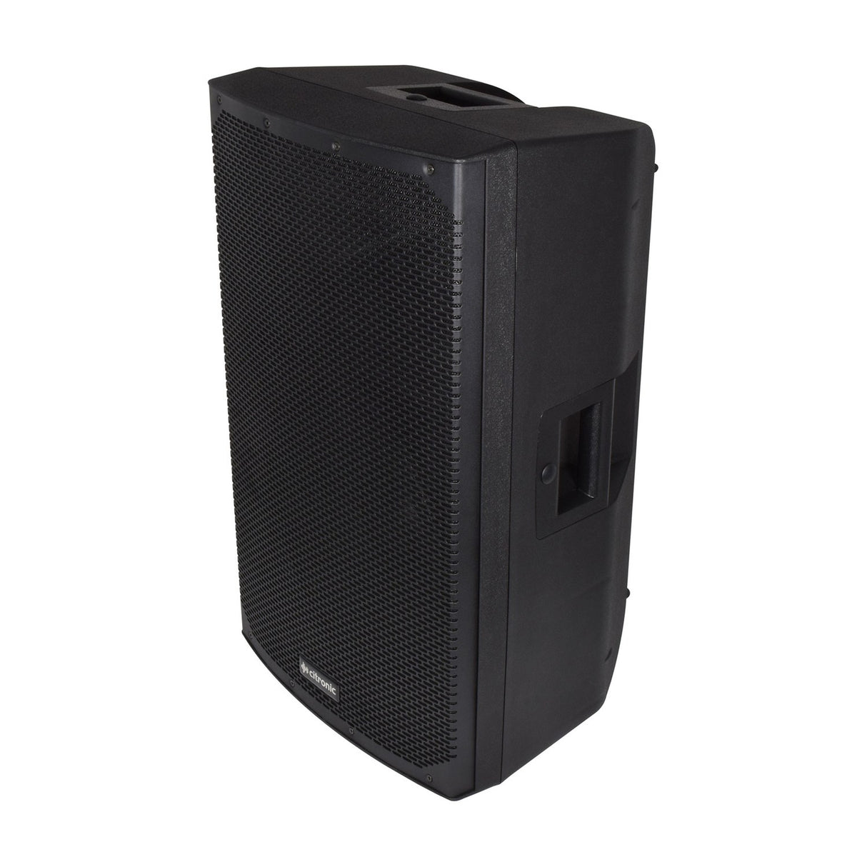 Citronic CAB-15 350W passive PA speaker cabinet in matte black polypropylene with mesh grille and side carry handle, shown at an angle.