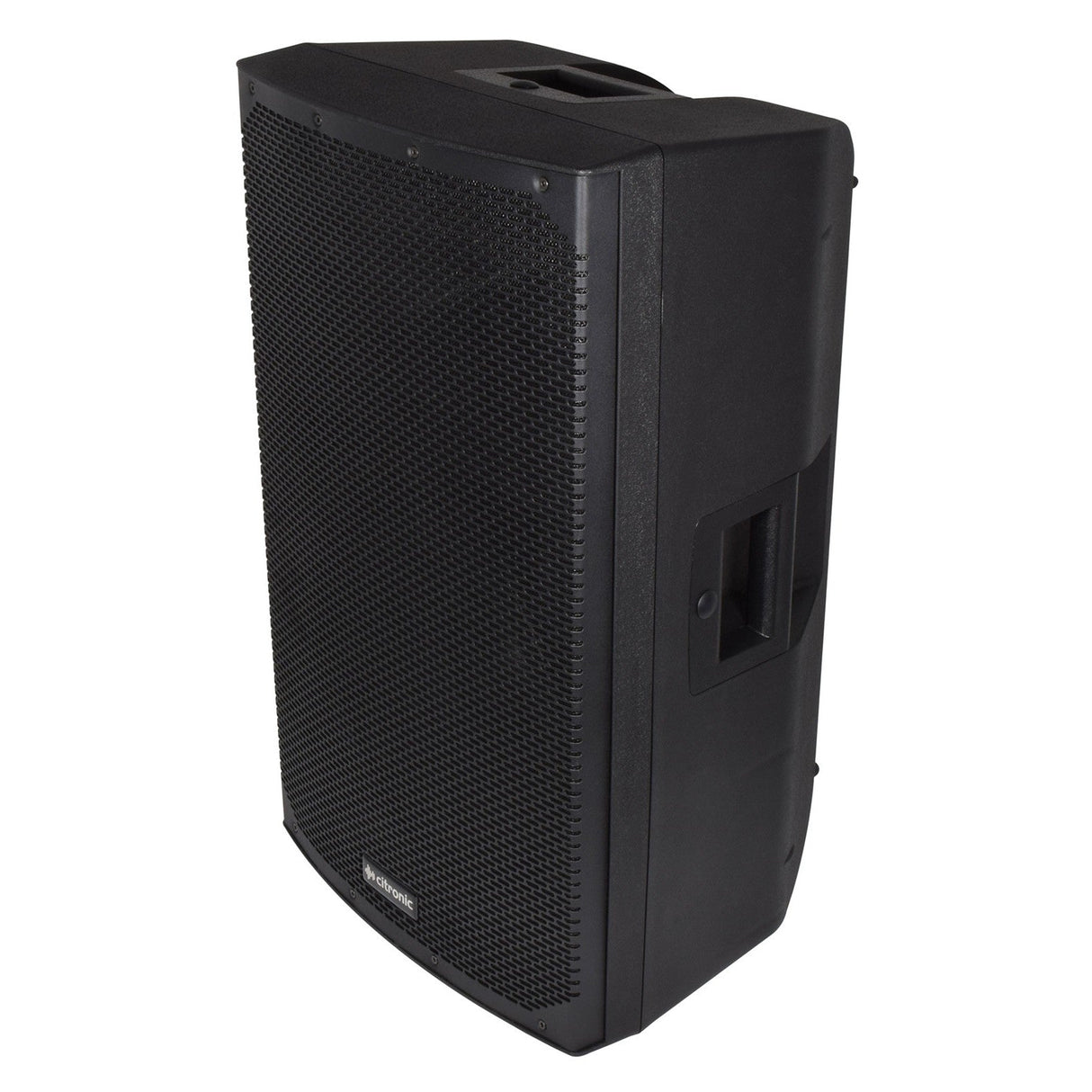 The Citronic CAB-15 15" Passive Speaker Cabinet - 350W features a black, rectangular design with a mesh front and a built-in handle on top. Its lightweight enclosure has a streamlined design complete with a side handle for easy portability, making it an excellent choice for on-the-go sound reinforcement.