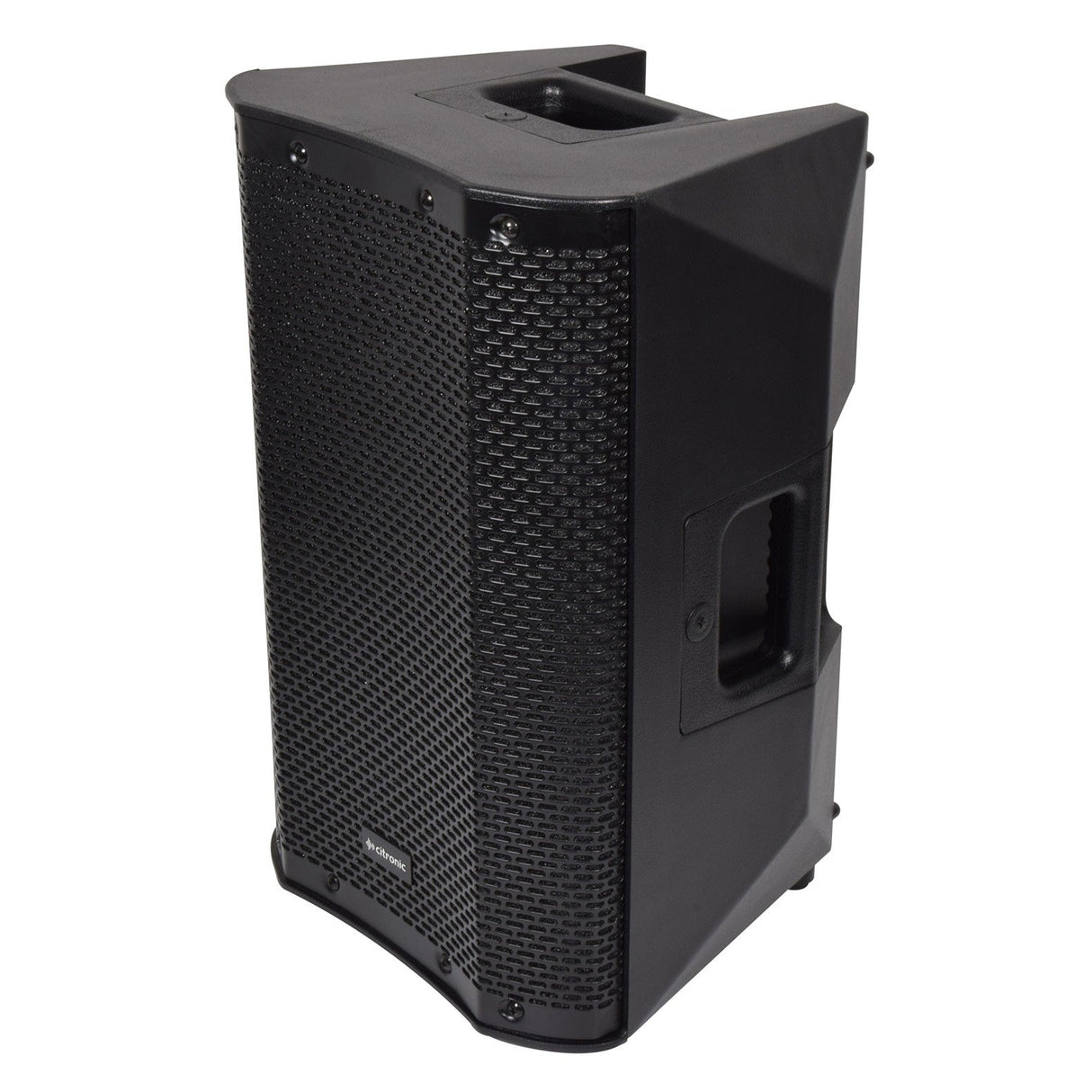 The Citronic CASA-8 8" Passive Full Range PA Cabinet - 150W is a black upright cabinet featuring high-efficiency drivers and a textured front grill, along with convenient side and top handles. Its modern, angular design makes it ideal for sound reinforcement needs.