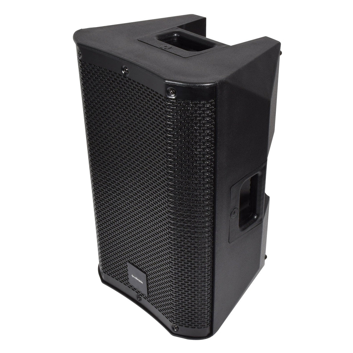 The Citronic CASA-10A 10" Active Cabinet - 220W RMS, available in black, features a mesh grille on the front and handles on the top and sides for easy portability. Its compact, angular design includes Bluetooth wireless connectivity, as well as a control panel visible on the side for seamless operation.