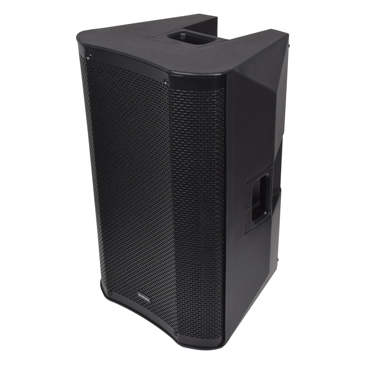 The Citronic CASA-12 is a black, angular speaker with high-efficiency drivers and a mesh front grill, featuring a handle on top. This sturdy rectangular 12" passive full range PA cabinet includes ventilation panels on the sides, making it perfect for sound reinforcement in professional audio settings.