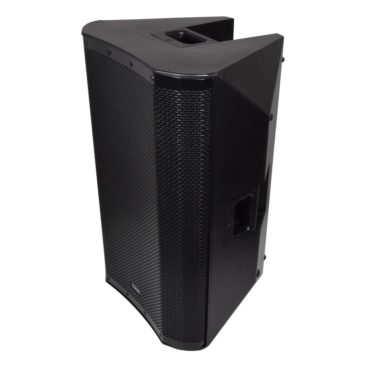The Citronic CASA-15A 15" Active Cabinet, offering 350W RMS power, is a sleek black PA cabinet with an angular design, textured grille, and convenient side handle. It stands upright with distinguished front and side panels while allowing effortless audio streaming through Bluetooth wireless connectivity for any event.