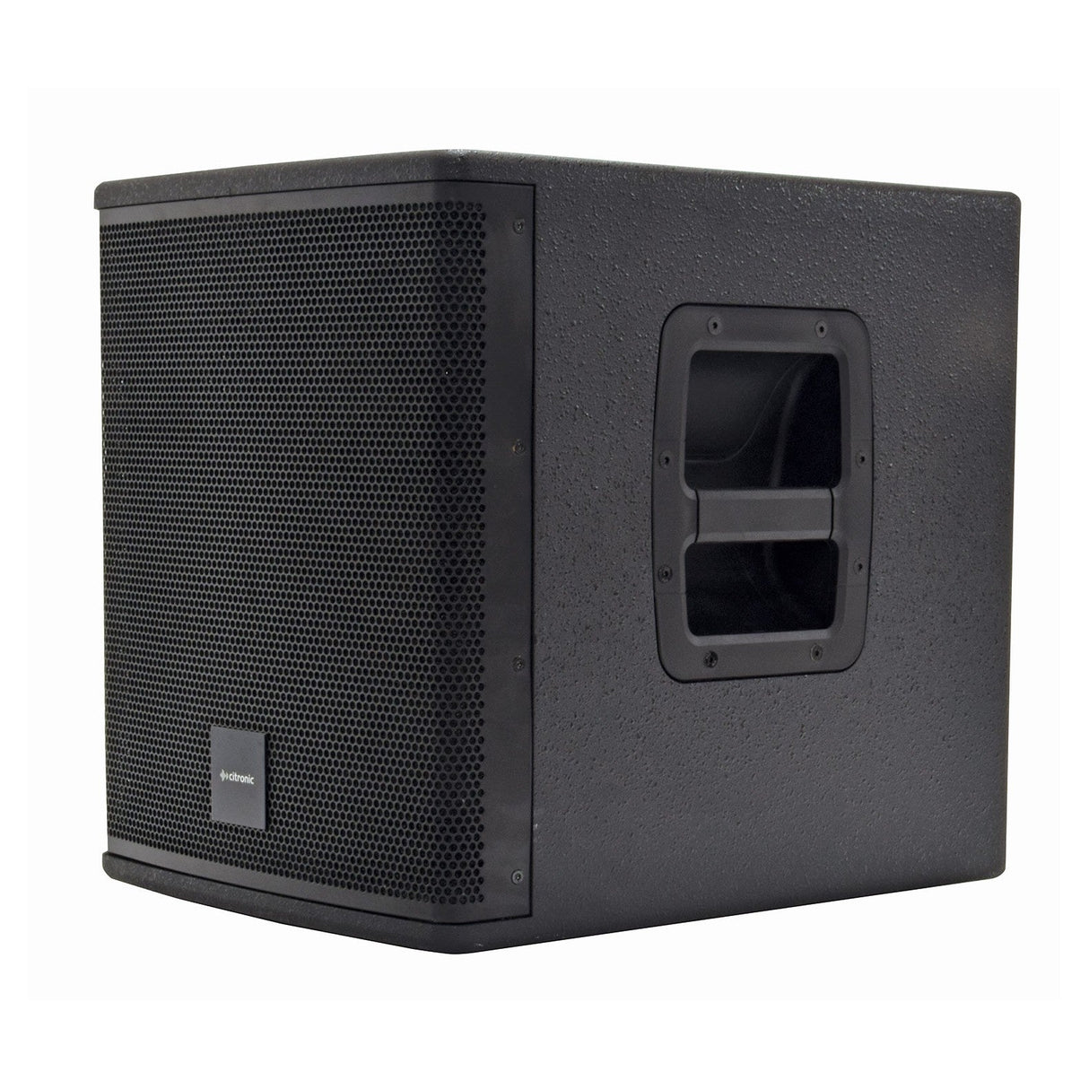 The Citronic CASA-10BA 10" Active Sub - 300W is a black subwoofer featuring a mesh front and a recessed handle on one side. This sound system boasts a compact, cube-like design with a textured surface, enhanced by an advanced Class D amplifier to deliver crisp audio performance.