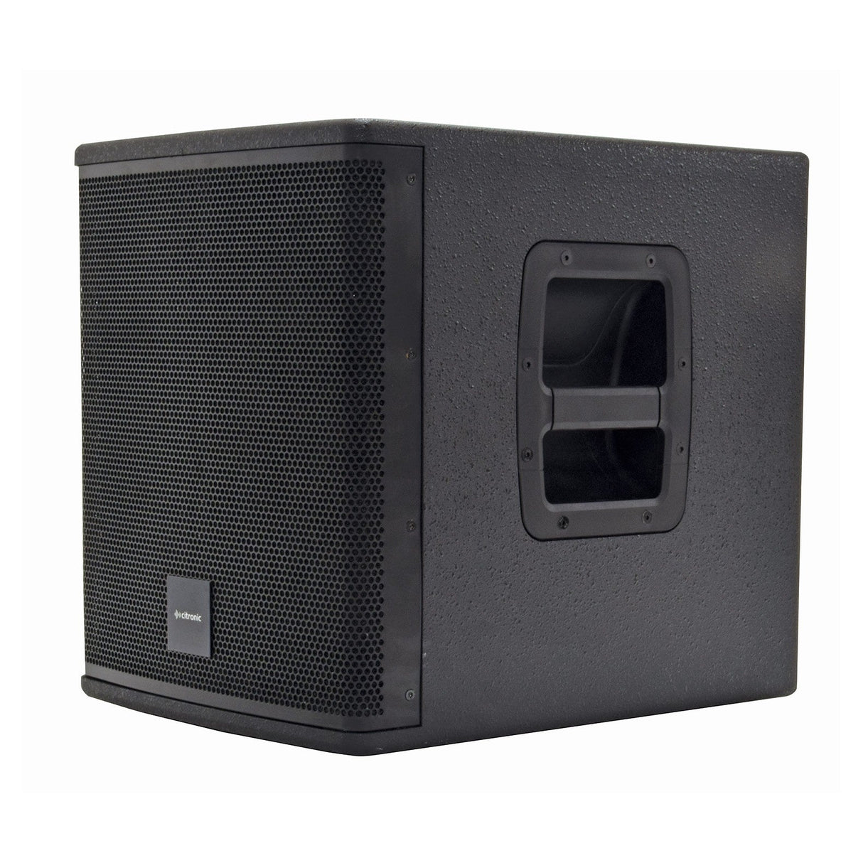 The Citronic CASA-10B 10" Passive Sub - 300W features a black, textured finish with a front metal grille and impressive power handling. It includes a recessed side handle for easy carrying, making this lightweight subwoofer highly portable. Its compact, box-like design is ideal for professional sound system setups.